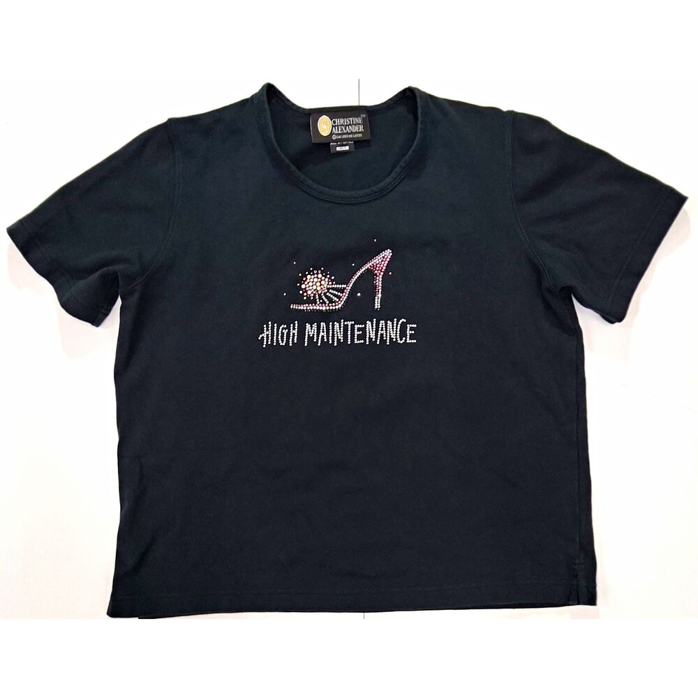 Christine Alexander Women Black Rhinestone High Maintenance Y2K Med T-Shirt VTG